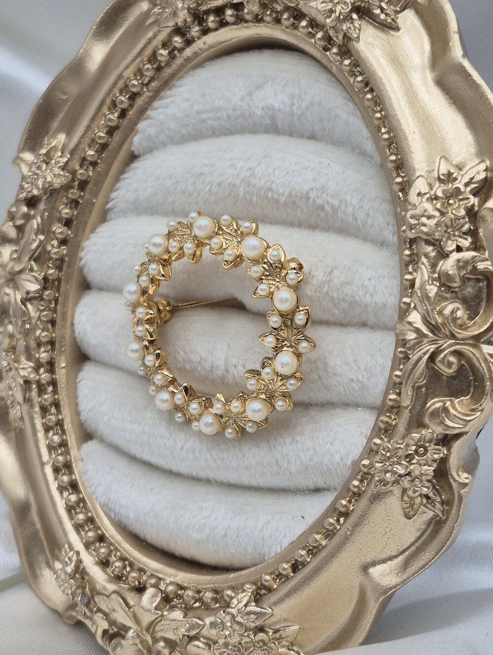 Paquette Gold Pearl Floral Wreath Brooch - Signed